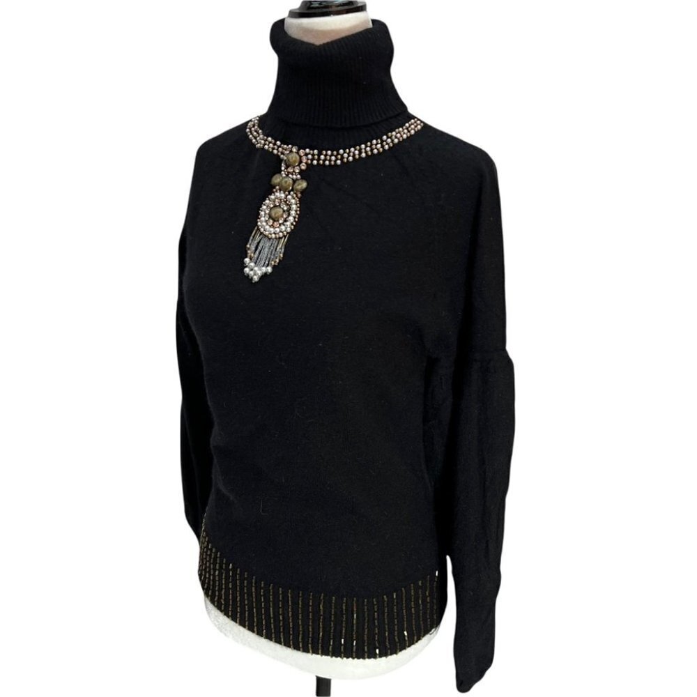 vintage SCRIBA Black Angora Blend Turtleneck Jewel Neckline Bishop Sleev… - Picture 2 of 11